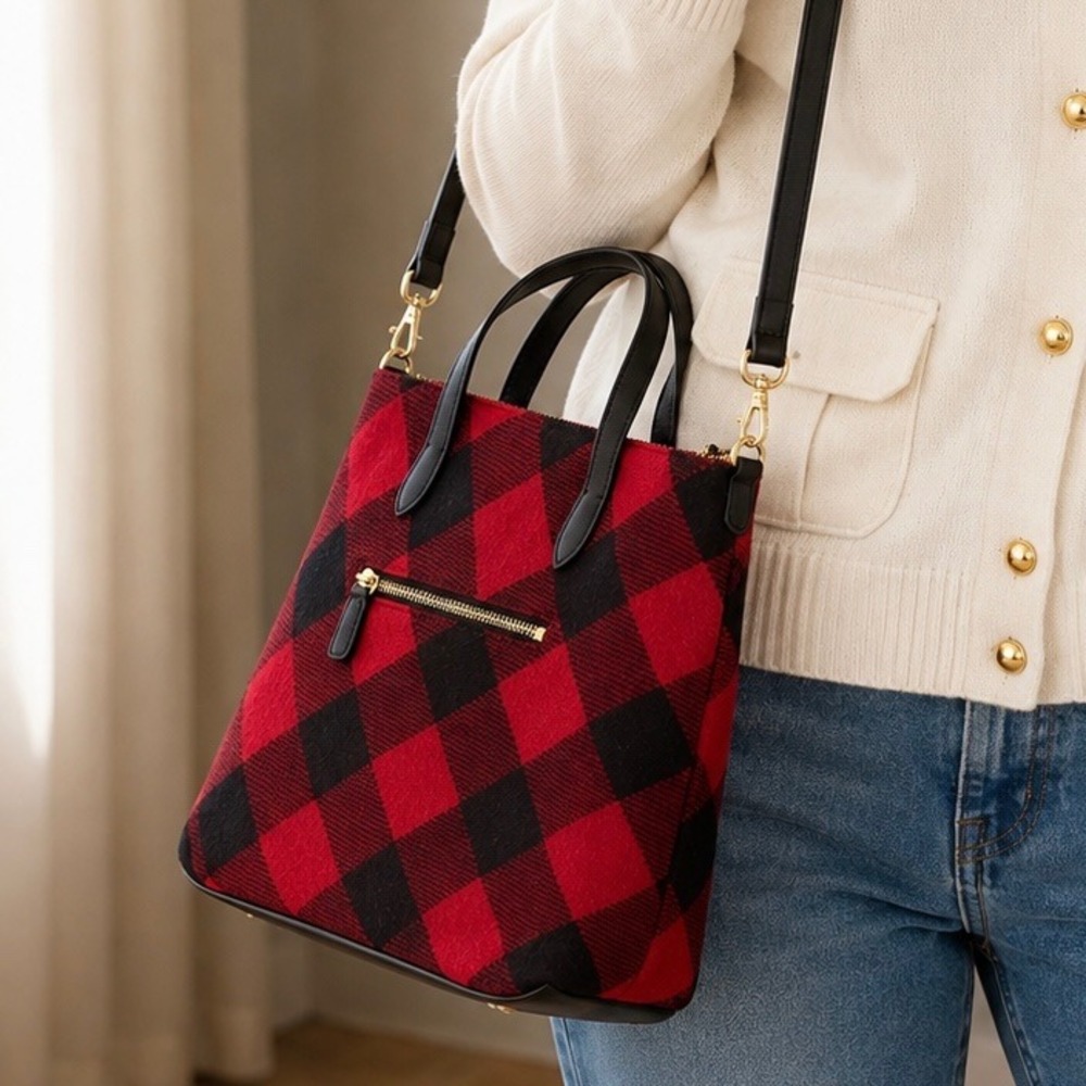 Talbots Buffalo Plaid Red Black Tote Crossbody Handbag Gold Hardware Holiday